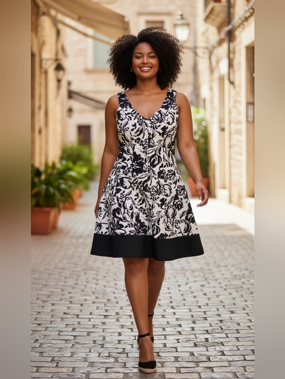 Chaps Women's EUC Black & White Floral Knee Length Fit & Flare Dress – Size 12